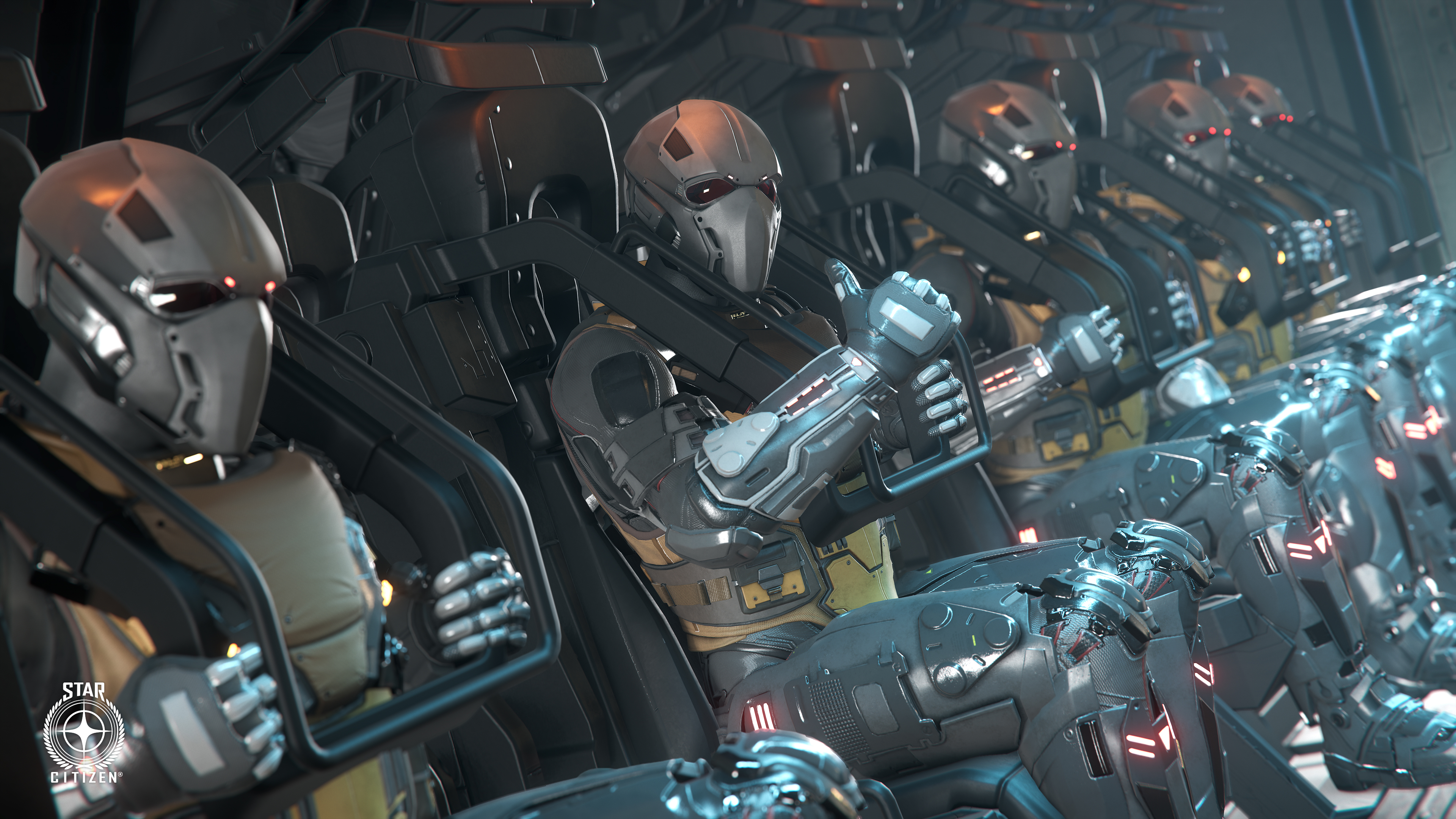 Armoured Star Citizen crew seated aboard a spacecraft