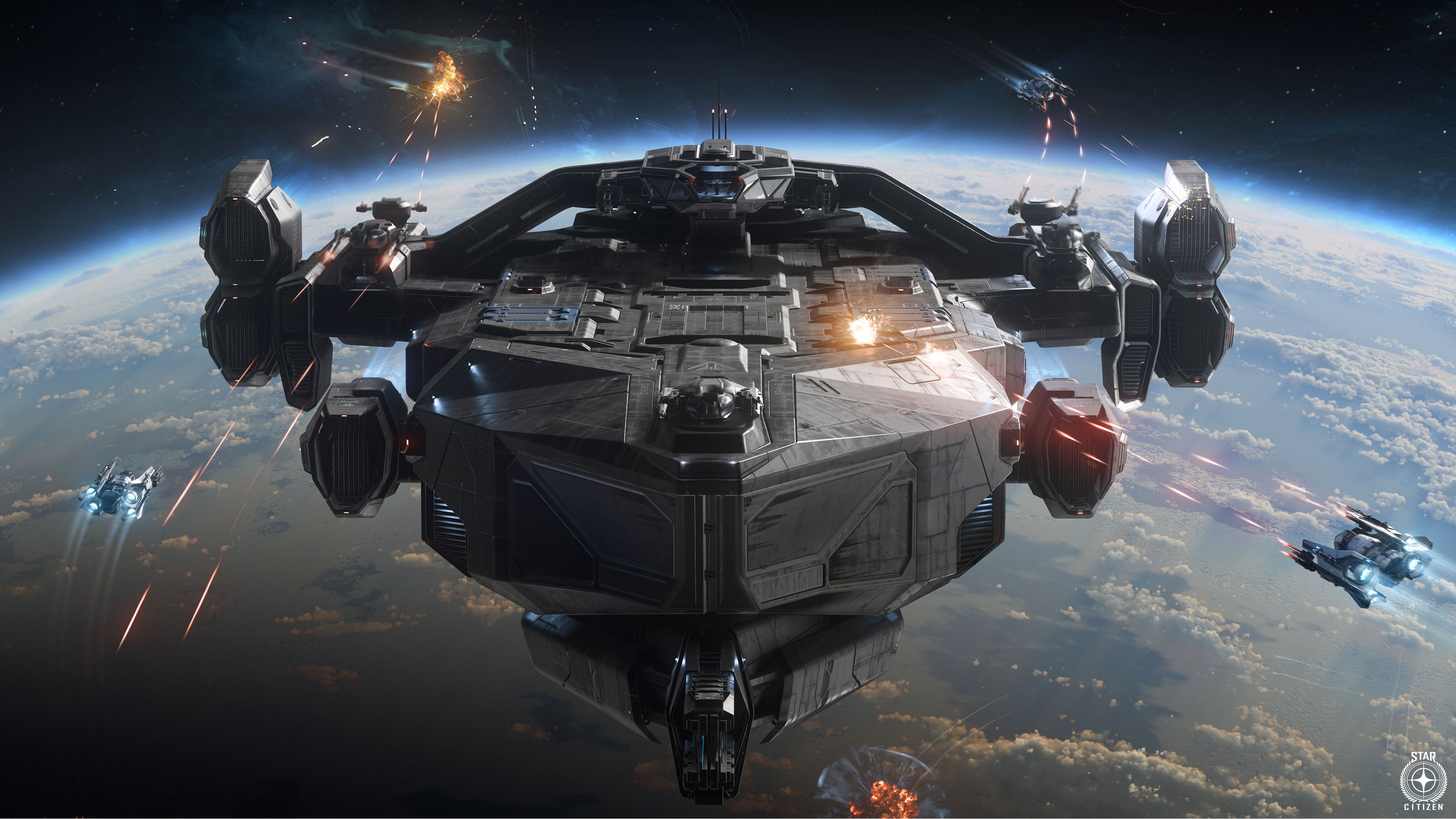 A Star Citizen spacecraft flying above a planet during combat