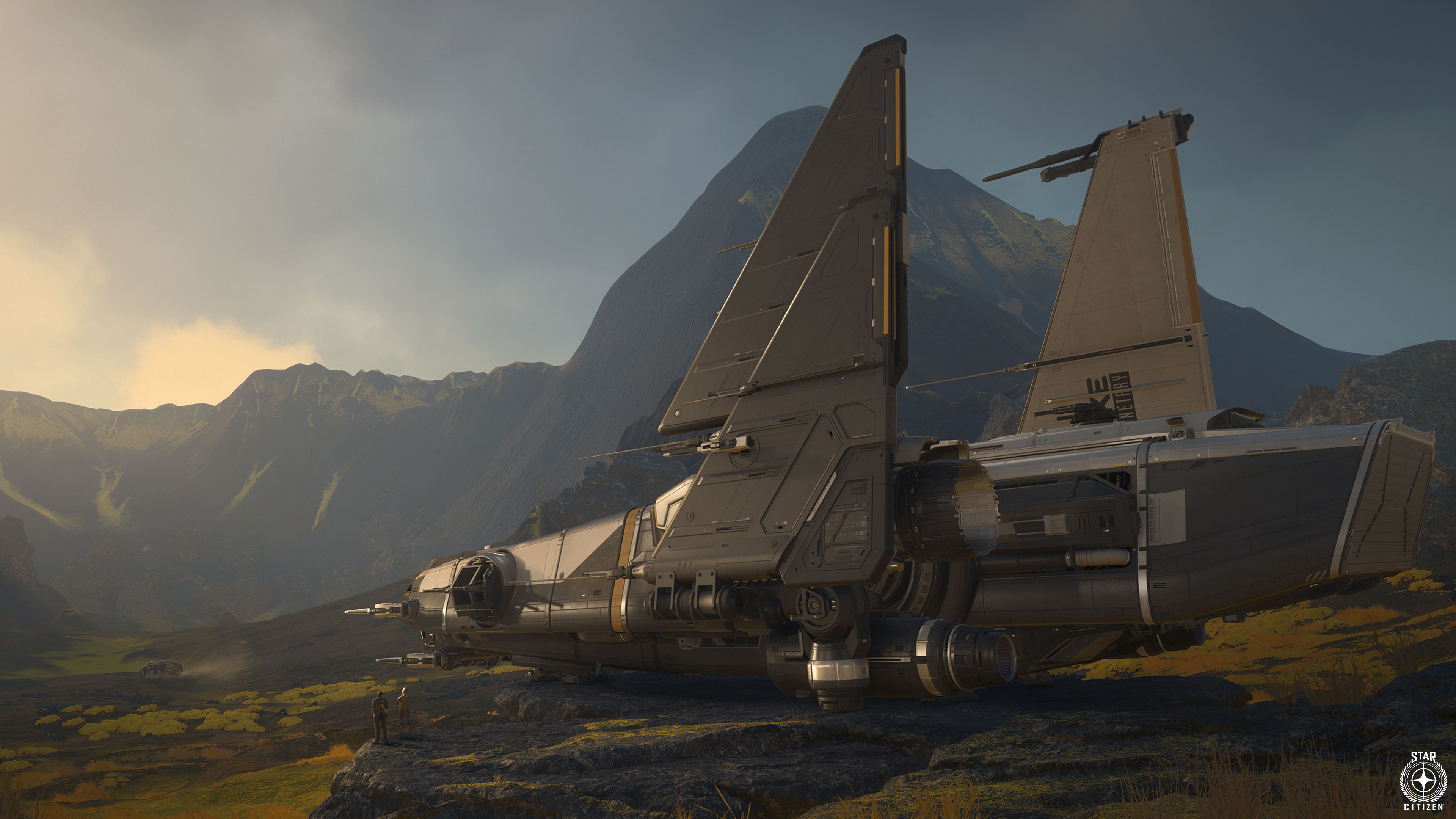 A large Star Citizen spacecraft landed in a mountain valley